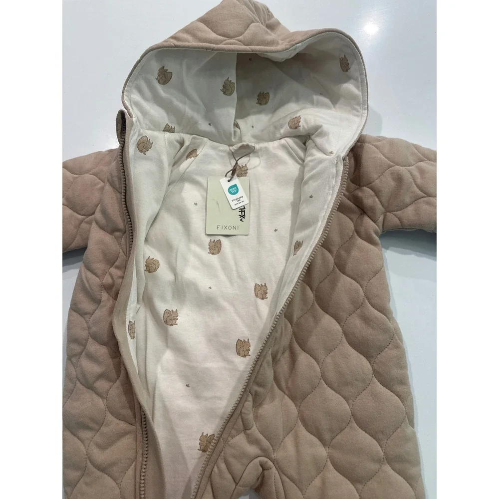 Fixoni Baby Quilted Pram Suit Hooded Bunting NEW Beige Squirrel Print 0-3m